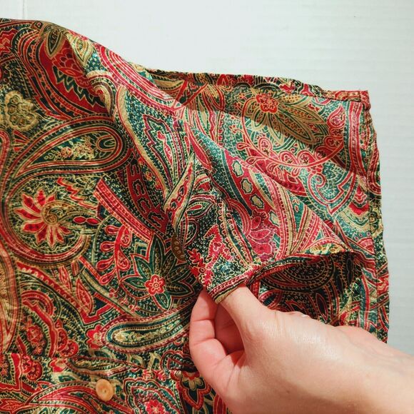 Victorias Secret Night Shirt Womens Sz S Button Up Satin Paisley Red Green Vtg - Picture 7 of 11